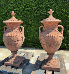 Matching Pair of Classical Stone Composite Ornate Urns with Handles Lid in Terracotta