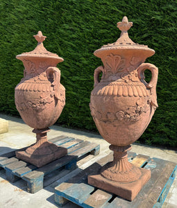 Matching Pair of Classical Stone Composite Ornate Urns with Handles Lid in Terracotta