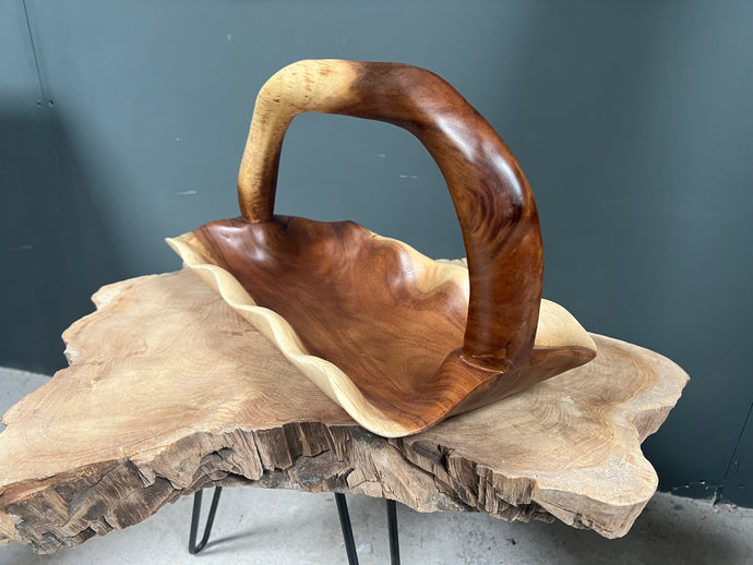 Polished Suar Wood Fruit Bowl/Basket with Handle