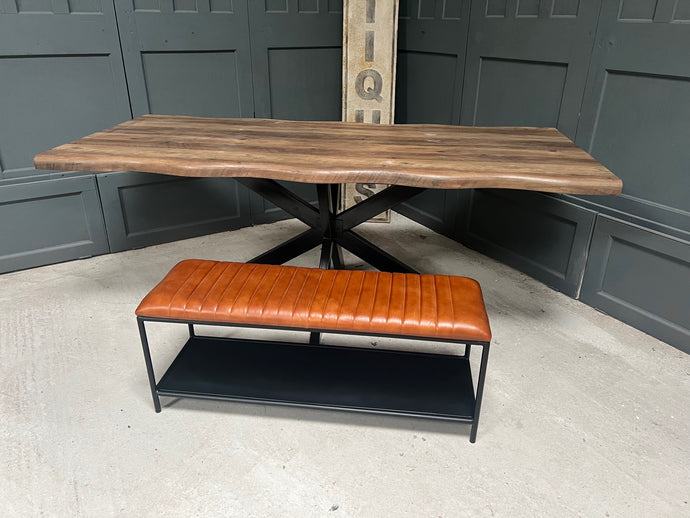 Vintage Industrial Style Ribbed Leather Bench in Tan with Shelving Unit