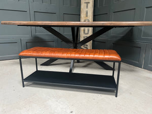 Vintage Industrial Style Ribbed Leather Bench in Tan with Shelving Unit