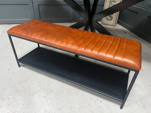 Vintage Industrial Style Ribbed Leather Bench in Tan with Shelving Unit