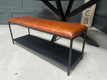 Load image into Gallery viewer, Vintage Industrial Style Ribbed Leather Bench in Tan with Shelving Unit