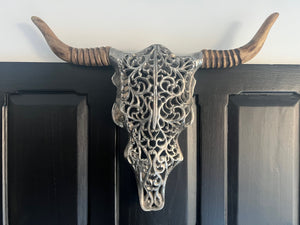 Highly Detailed Nickel Bull’s Head with Wooden Horns