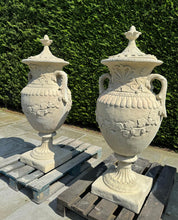 Load image into Gallery viewer, Matching Pair of Classical Stone Composite Ornate Urns with Handles Lid in Sandstone