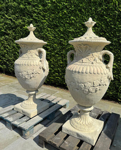 Matching Pair of Classical Stone Composite Ornate Urns with Handles Lid in Sandstone