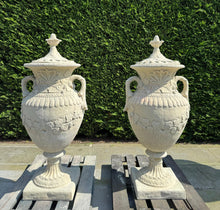 Load image into Gallery viewer, Matching Pair of Classical Stone Composite Ornate Urns with Handles Lid in Sandstone