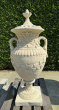 Load image into Gallery viewer, Matching Pair of Classical Stone Composite Ornate Urns with Handles Lid in Sandstone