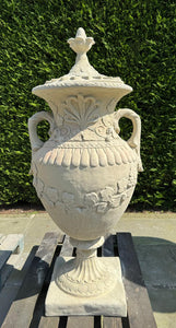 Matching Pair of Classical Stone Composite Ornate Urns with Handles Lid in Sandstone