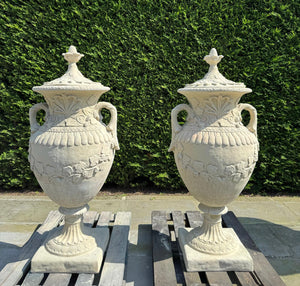 Matching Pair of Classical Stone Composite Ornate Urns with Handles Lid in Sandstone