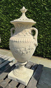 Matching Pair of Classical Stone Composite Ornate Urns with Handles Lid in Sandstone