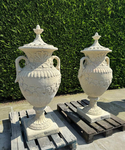 Matching Pair of Classical Stone Composite Ornate Urns with Handles Lid in Sandstone