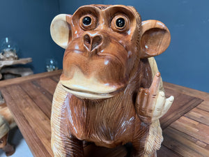 Hand Carved Polished Wood 'Up Yours' Monkey Statue