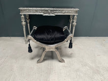Load image into Gallery viewer, Silver Wooden Window Seat in Distressed Antique Silver Frame with Luxury Black Upholstered Cushion