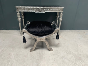 Silver Wooden Window Seat in Distressed Antique Silver Frame with Luxury Black Upholstered Cushion
