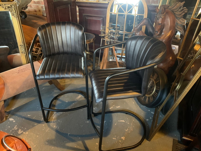 Pair of Large Industrial Style Ribbed Leather Bar Stools in Black