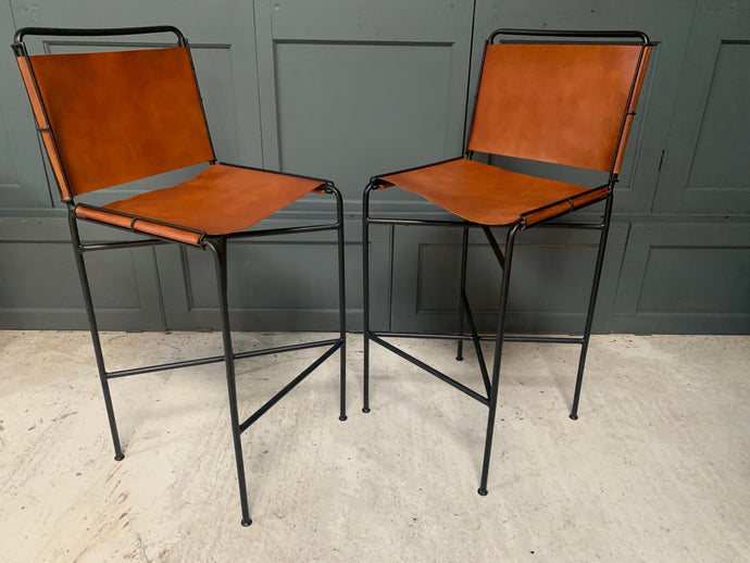 Pair of Designer Framed Industrial Style High Back Bar Stools in Tan